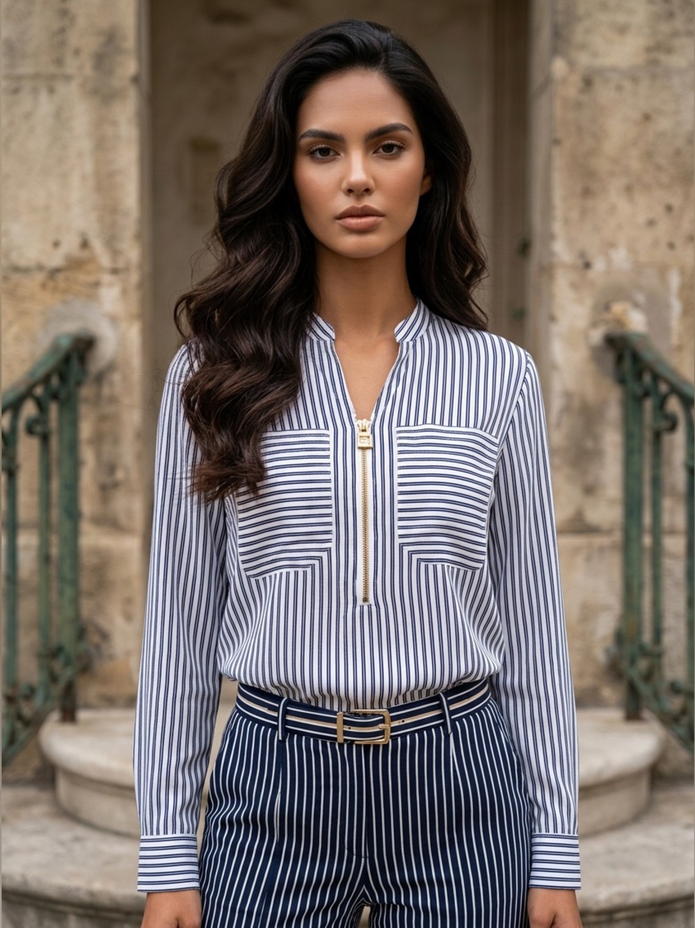 MICHAEL Michael Kors Navy and White Striped Top with Gold MK Pull